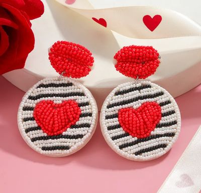 Black and Red Beaded Heart Earrings