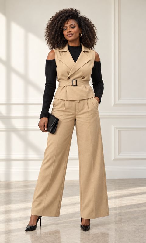 Sleeveless Khaki Suit