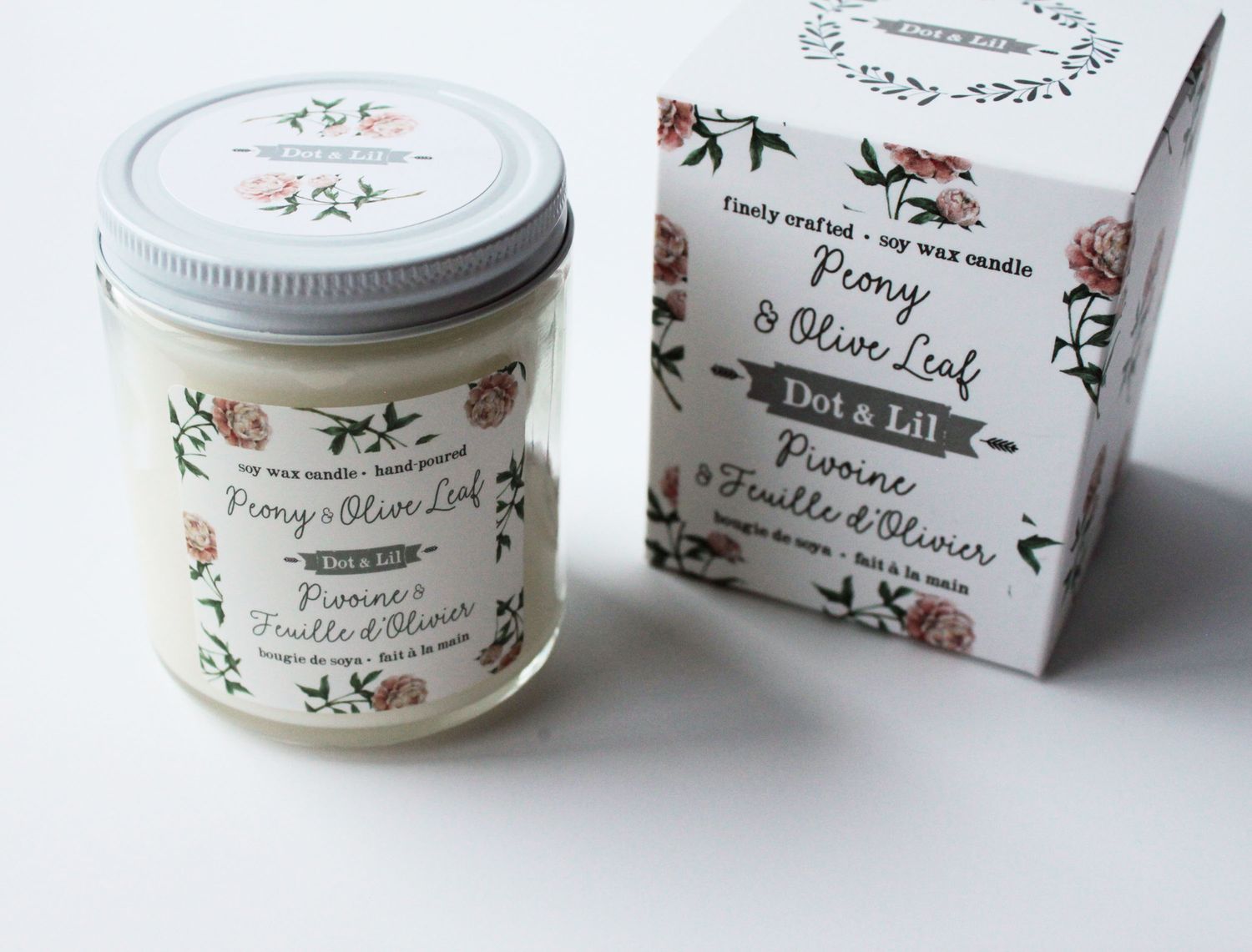 Chandelle 50h - Pivoine &amp; Feuille d&#39;olivier - Dot &amp; Lil
