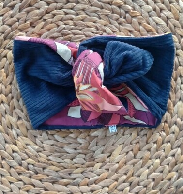 COROLLA fascia a turbante, con ferretto modellabile velluto coste blu / cotone fantasia a fiori 