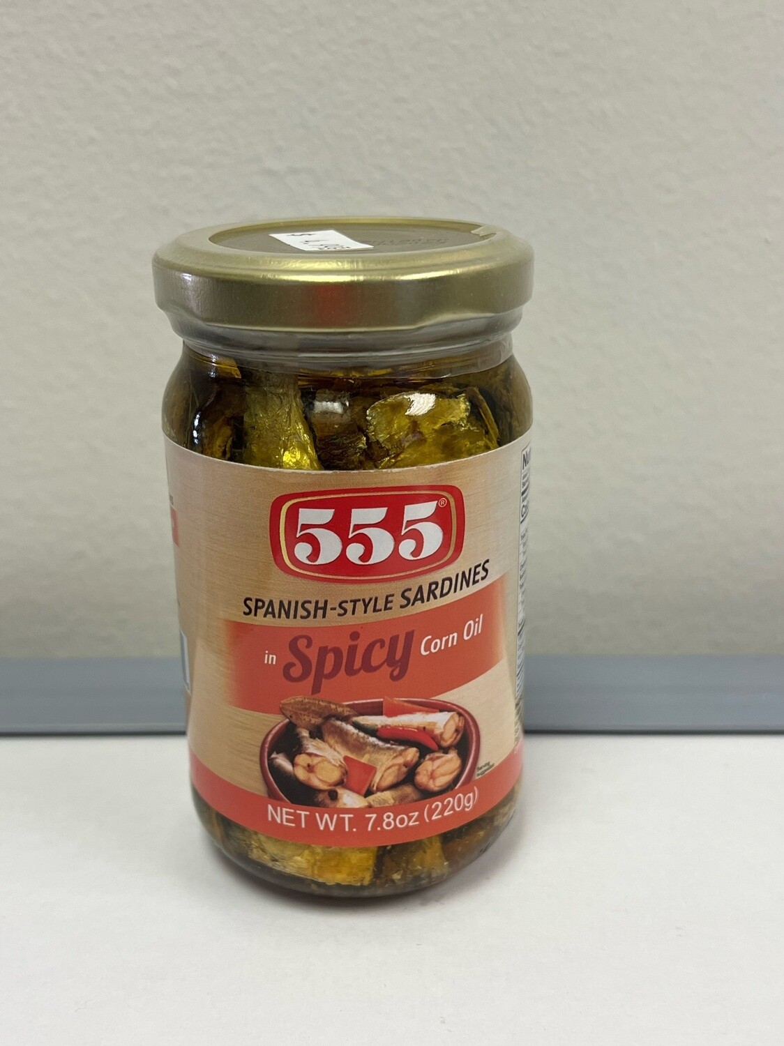 555 Spanish Style Sardines Spicy in corn oil bottle