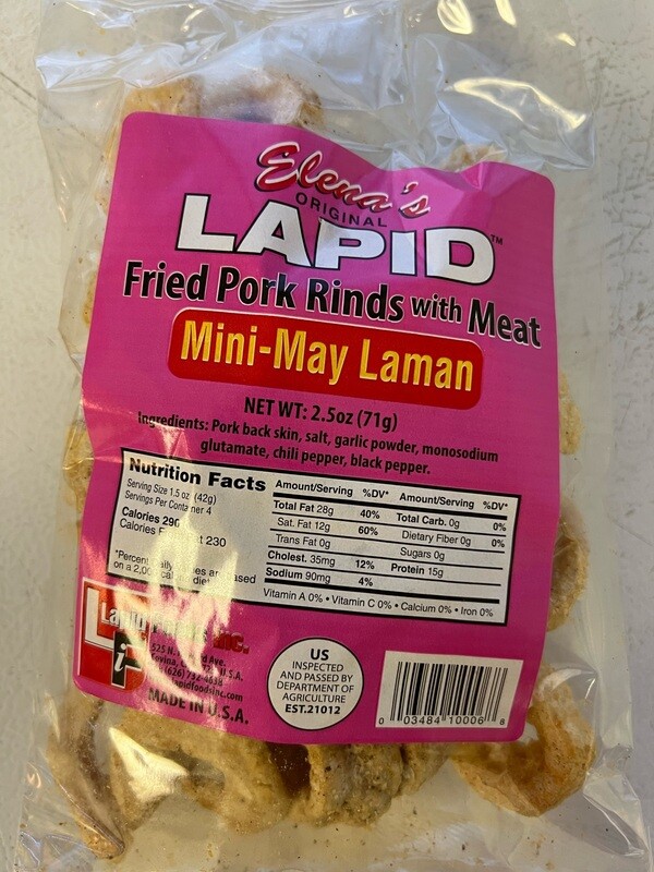 Elena’s Lapid chacharones pork rinds w/ meat.  2.5oz