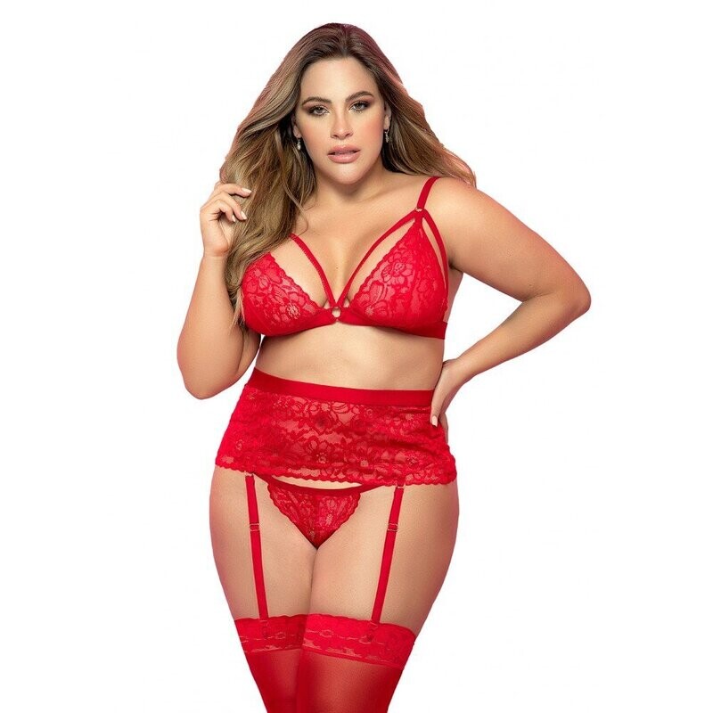 Ensemble, grande taille, trois pièces en dentelle rouge