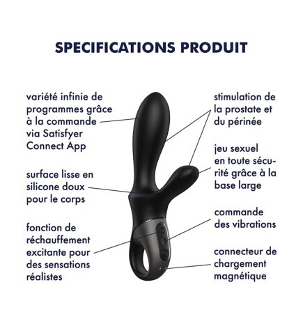 Vibromasseur Rabbit Noir USB, Chauffant Et Connecté Heat Climax+ Satisfyer