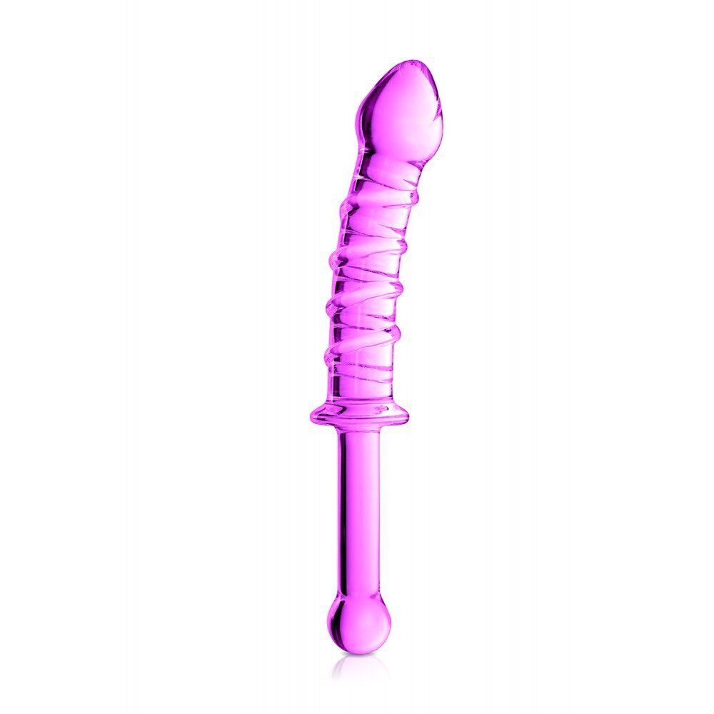 Gode en verre rose avec stries et poignée n°16