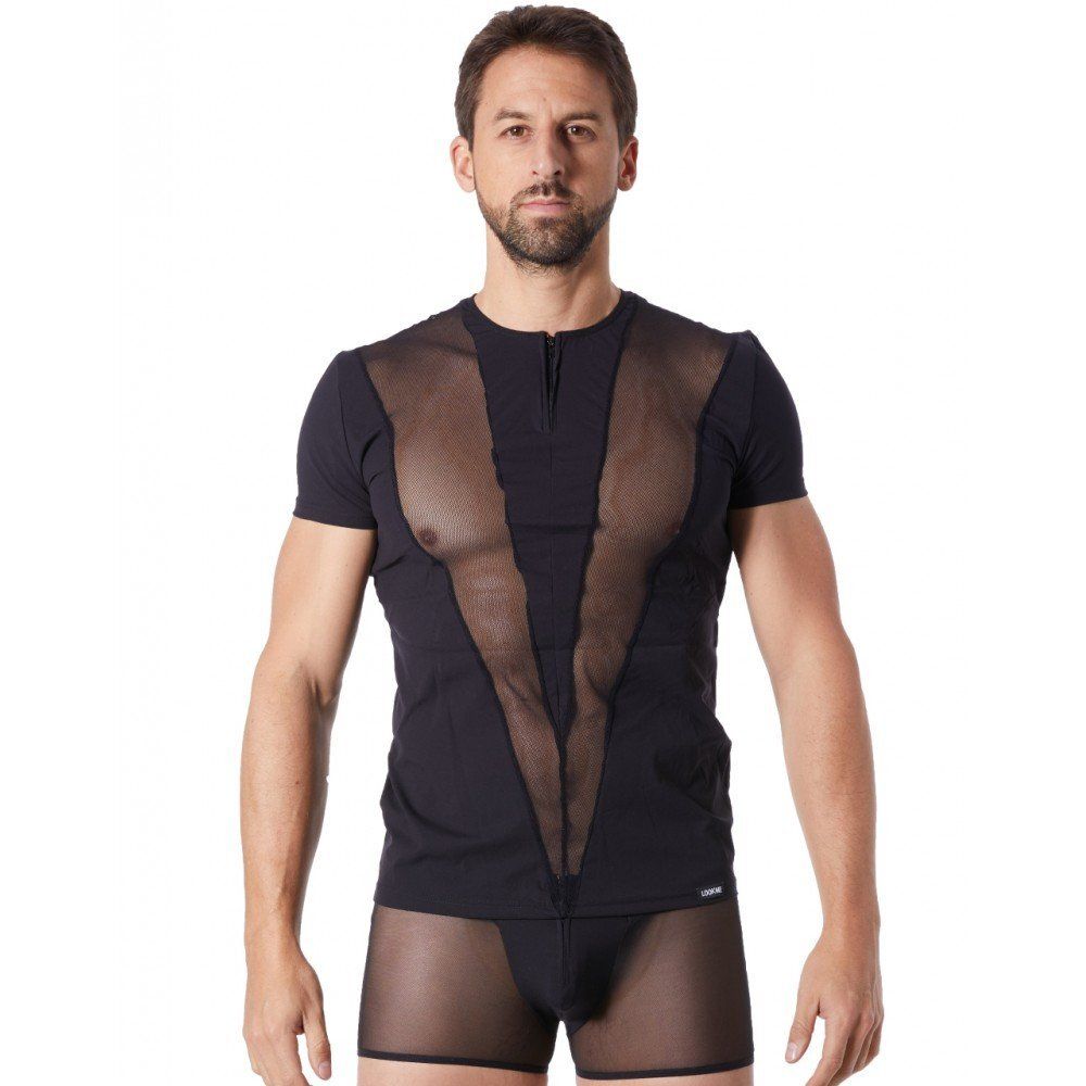 T-Shirt doux avec bandes résille col rond et zip 3 Coloris