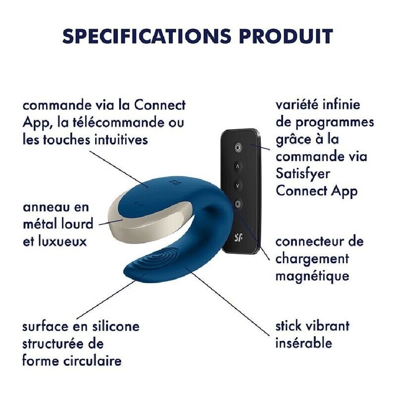 Vibromasseur Connecté Couple Double Love Satisfyer, Bleu ou Noir