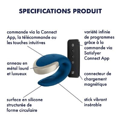 Vibromasseur Connecté Couple Double Love Satisfyer, Bleu ou Noir