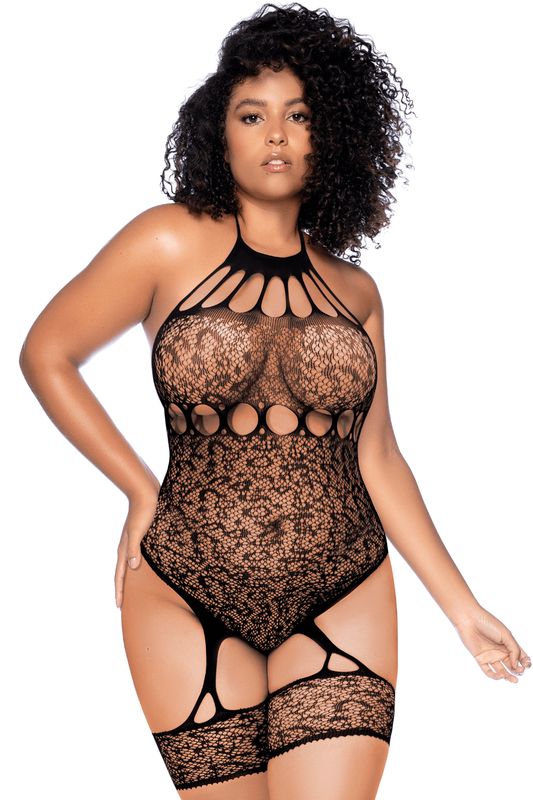 Body en résille léopard noir à tour de cou et jarretières intégrées