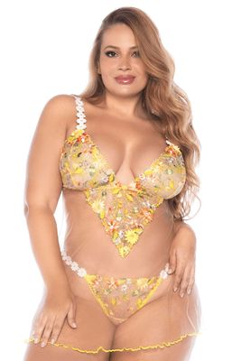 Nuisette transparente brodée jaune et string