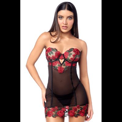 Babydoll sexy à armatures broderie roses et string