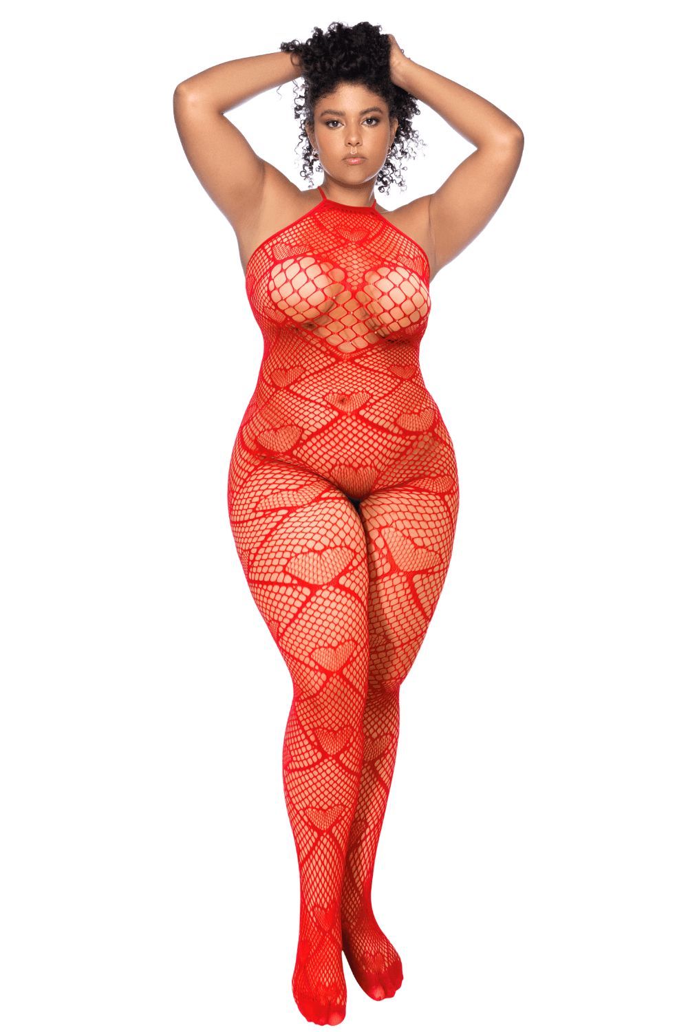Bodystocking en résille rouge à motif cœur, orné de strass, ouvert à l’entrejambe