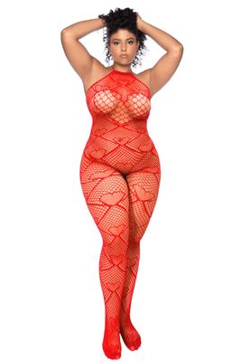 Bodystocking en résille rouge à motif cœur, orné de strass, ouvert à l’entrejambe