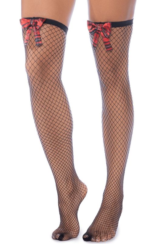 Bas résille noire avec nœuds rouges écossais