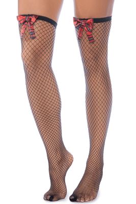 Bas résille noire avec nœuds rouges écossais