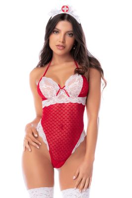 Body infirmière noir en maille et dentelle avec accessoire tête