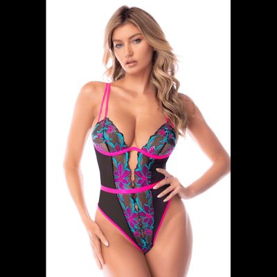 Body bleu et rose en maille transparente brodée avec sequins