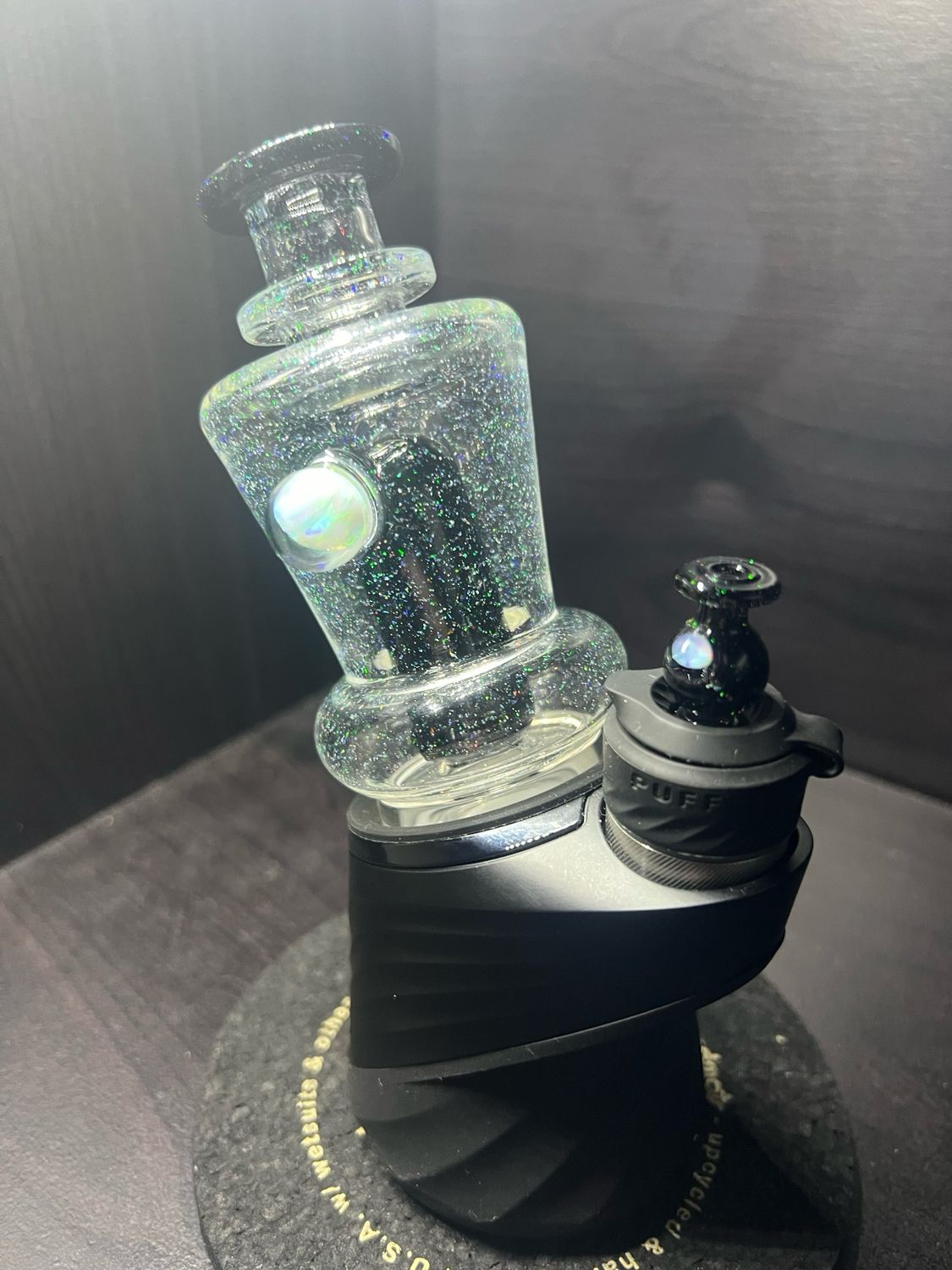 Charlie Shaw Glass Puffco Attachment Clear Crushed Opal With Black Crushed Opal Dome/mouthpiece