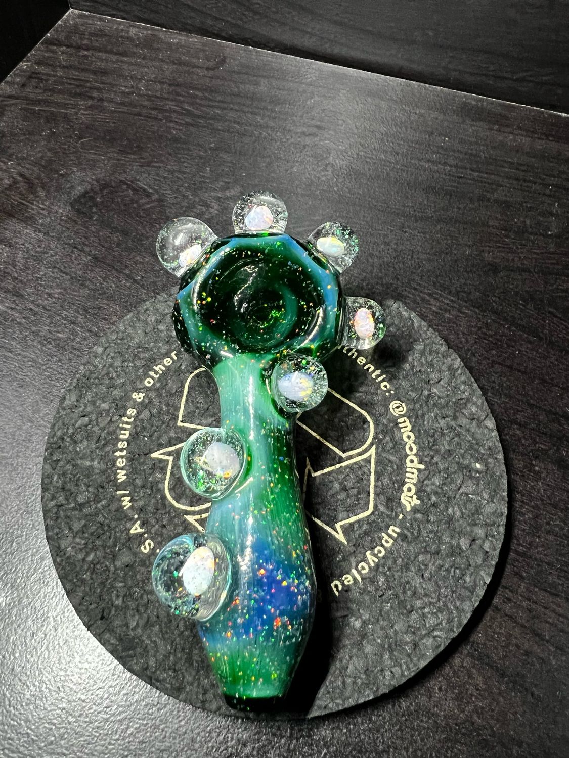 Snook Glass Experimental Green Crushed Opal Spoon With 7 Floating Opals Encased In Clear Crushed Opal.