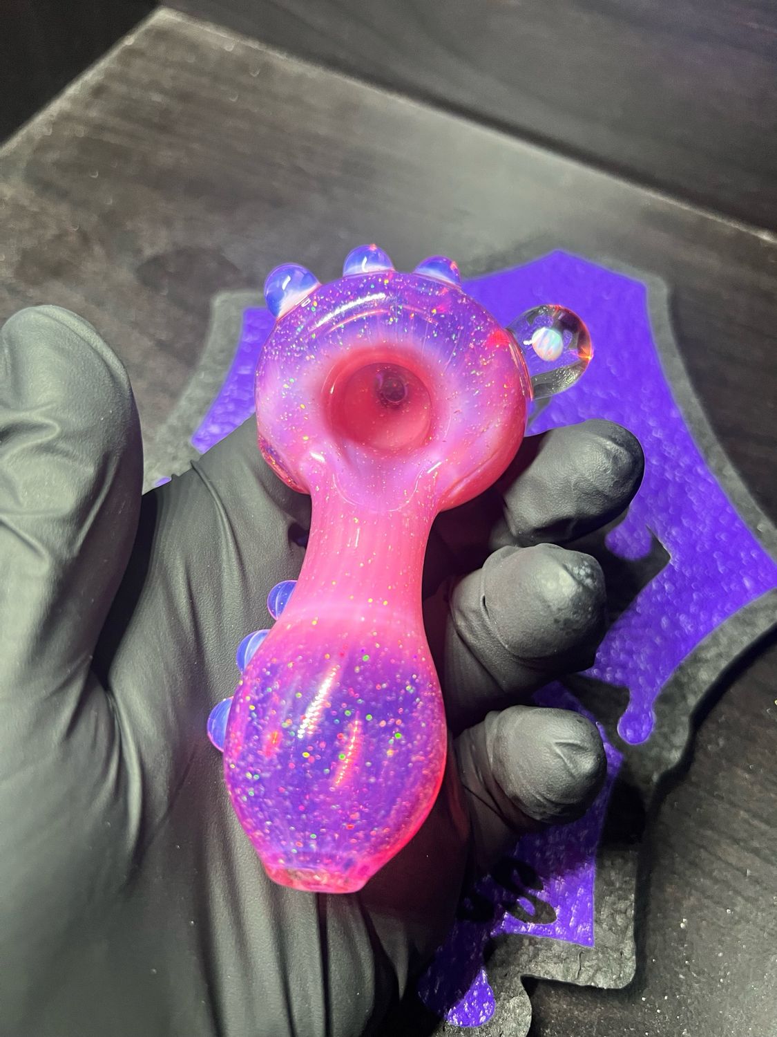 Snook Glass Telemagenta Crushed Opal Spoon With Rose Quartz Accents and a 4mm Opal Sphere