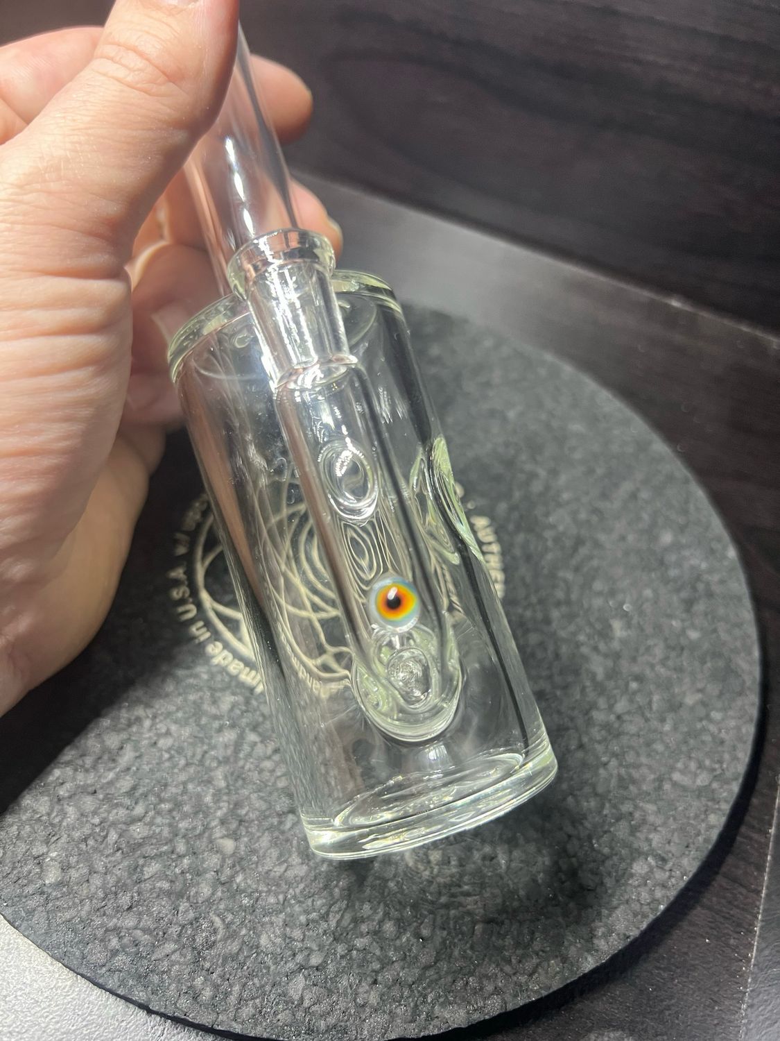 Mike Shelbo X Jebb Glass Fizzer 10mm 2 Hole Fixed Perc. Comes With a 3d Printed Stabilizing Base (green)