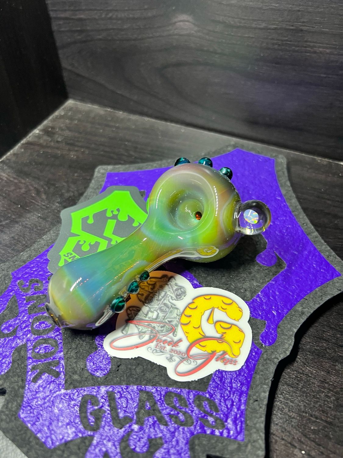 Snook Glass Spoon With Floating Opal and Electrum Accents.
