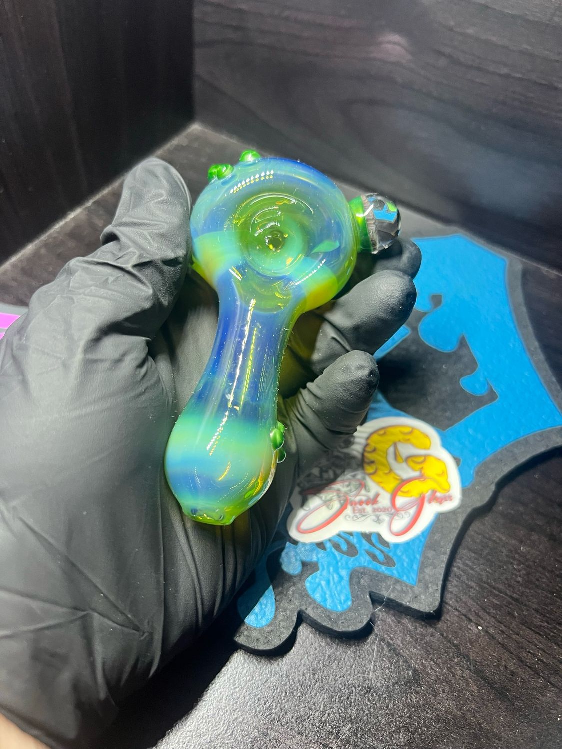 Snook Glass Egyptian Green Spoon With Sphere Opal And Chromium Accents
