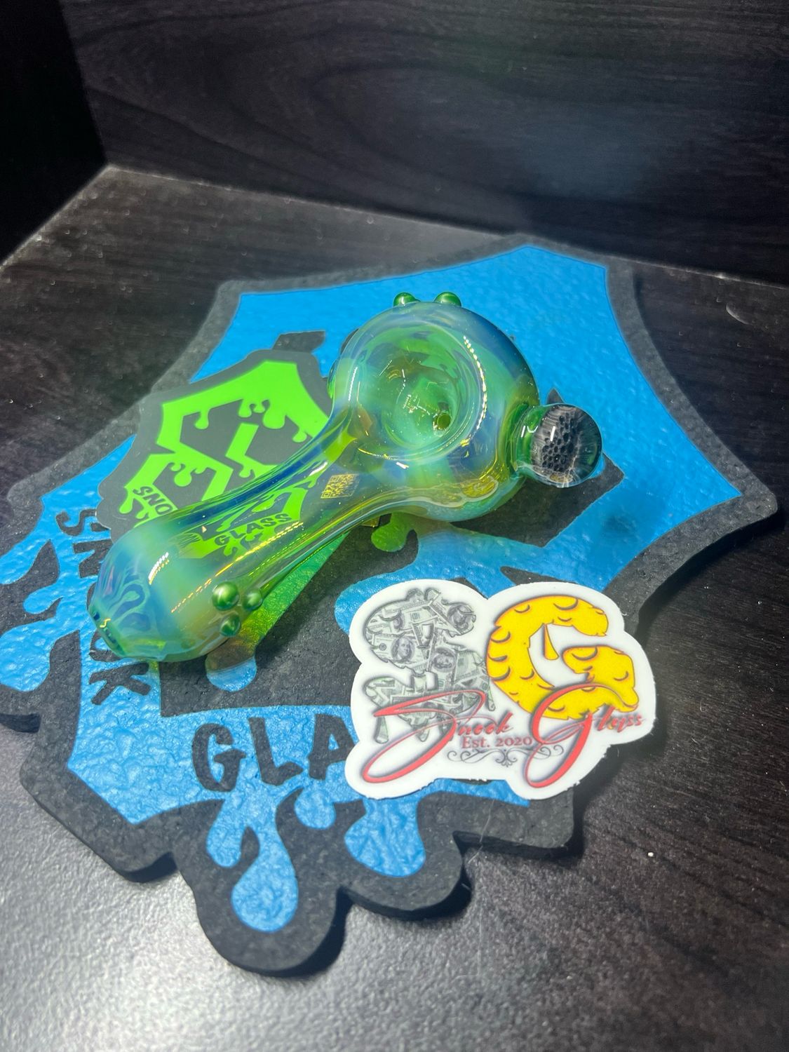 Snook Glass Egyptian Green Spoon With Honeycomb Accent