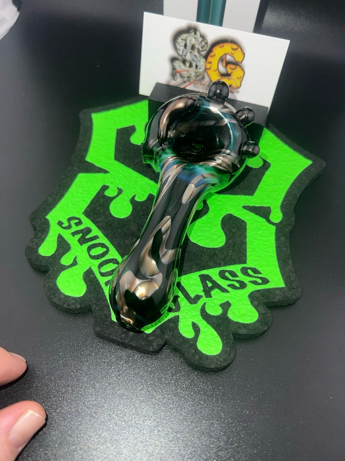 Snook Glass Xl Spoon. Experimental Green With Electrum And Clear Squiggles