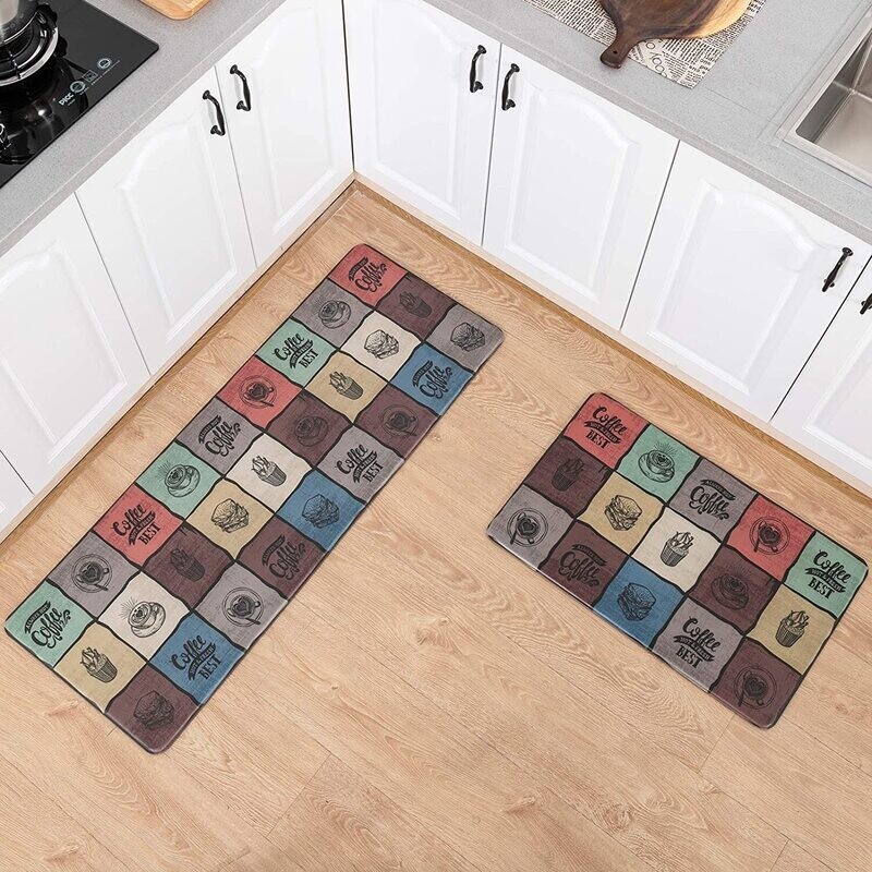 Asrug Anti Fatigue Comfort Kitchen Standing Desk Mat Decorative Ergonomic Floor Pad Kitchen Rug Waterproof Stain Resistance Non Slip Kitchen Set, 17.3&#39;&#39;x27.6&#39;&#39;+17.3&#39;&#39;x47.2&#39;&#39;, Coffee