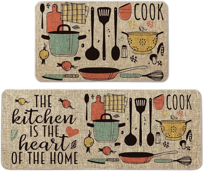 Artoid Mode The Kitchen is The Heart of The Home Kitchen Mats Set of 2, Seasonal Cooking Sets Holiday Party Low-Profile Floor Mat for Home Kitchen - 17x29 and 17x47 Inch