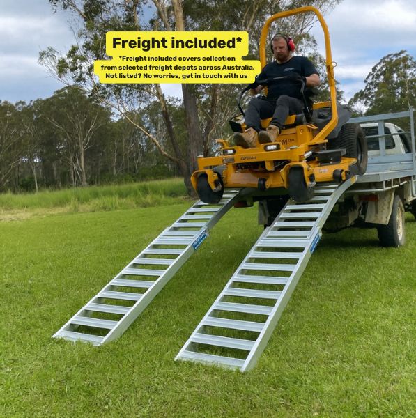 Whipps Ramps 3 metres long curved folding aluminium  loading ramps for loading zero turn, ride-on onto tray back ute 