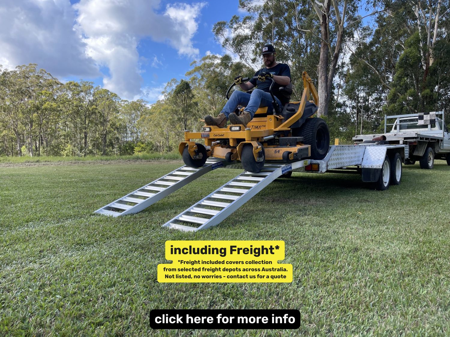 2.3 m long - nf mower ramps - 1 tonne capacity - from $660 inc GST Whipps Ramps 2.3 metre curved aluminium zero turn mower loading ramps on trailer