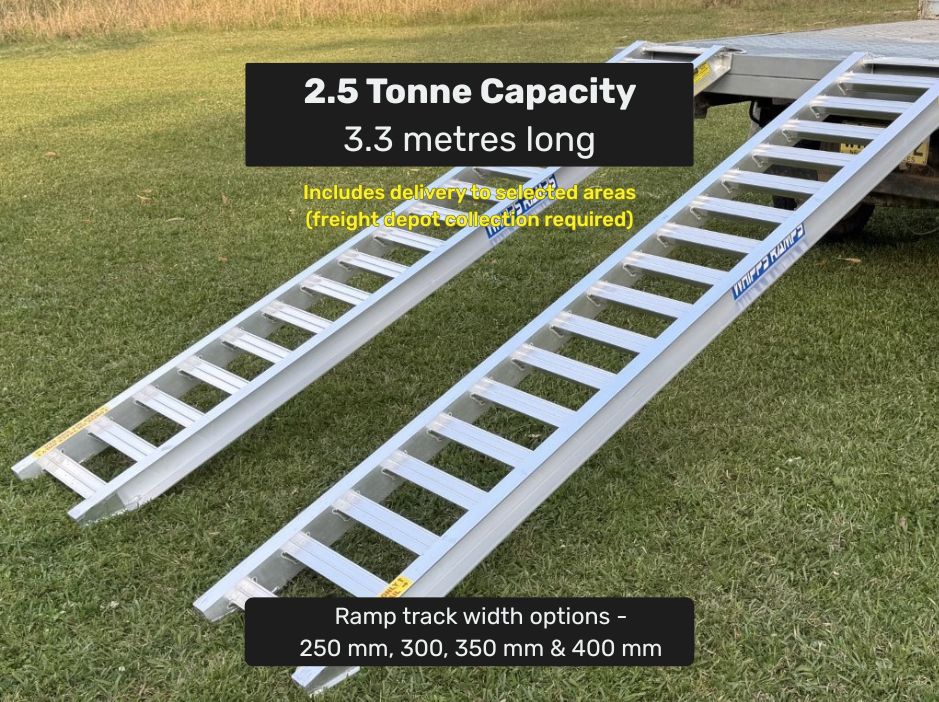 3.3 metres long - 2.5 tonne capacity - from $1560 2.5 tonne capacity aluminium loading ramps for mini excavator, digger machine