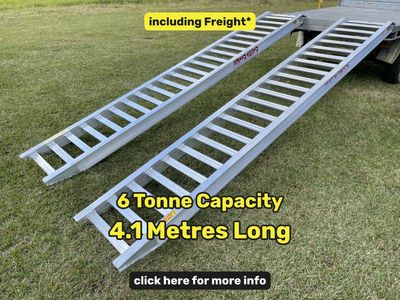 4.1 Metres - 6T Capacity - from $3500 Whipps Ramps 6 Tonne Capacity - 4.1 metres long Aluminium Excavator, Tractor, Earthmoving Machinery Loading Ramps