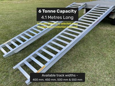 4.1 metres long - 6 tonne capacity - from $3550 Whipps Ramps 6 Tonne Capacity - 4.1 metres long Aluminium Excavator, Tractor, Earthmoving Machinery Loading Ramps