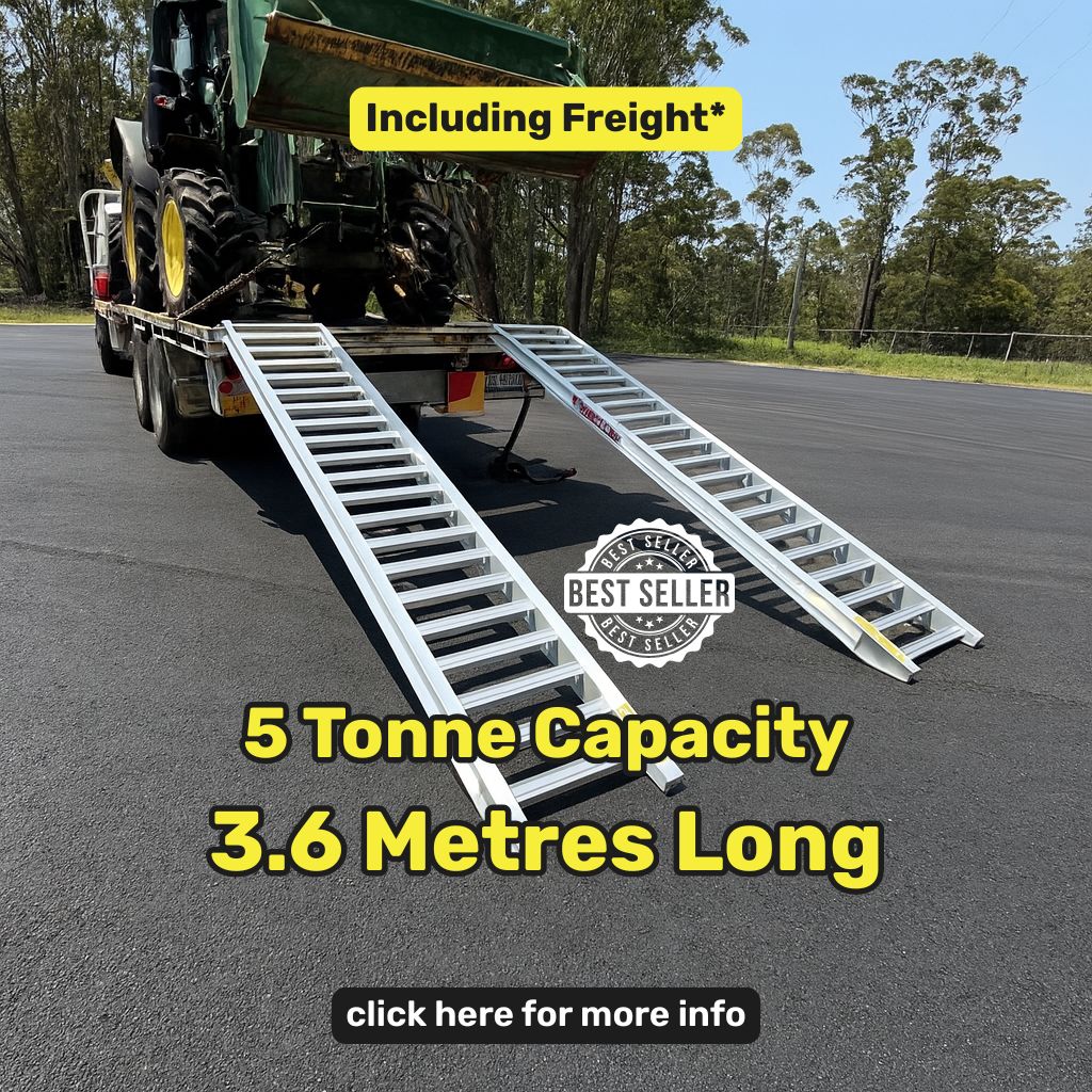 3.6 metres long - 5 tonne capacity - from $2550 Whipps Ramps 5 Tonne Capacity - 3.6 metres long Aluminium Machinery tractor loading ramps, excavator loading ramps