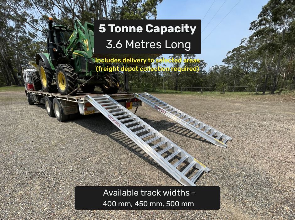 3.6 metres long - 5 tonne capacity - from $2550 Whipps Ramps 5 Tonne Capacity - 3.6 metres long Aluminium Machinery , excavator and tractor loading ramps