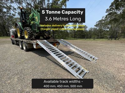 3.6 metres long - 5 tonne capacity - from $2550 Whipps Ramps 5 Tonne Capacity - 3.6 metres long Aluminium Machinery , excavator and tractor loading ramps