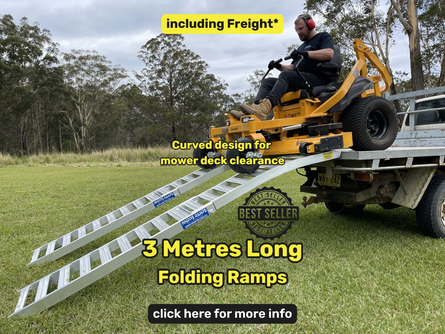 3 metres long - folding mower ramps - 800 kg capacity - from $1000 inc GST Whipps Ramps - Aluminium Curved Folding mower loading ramps 3 metres long
