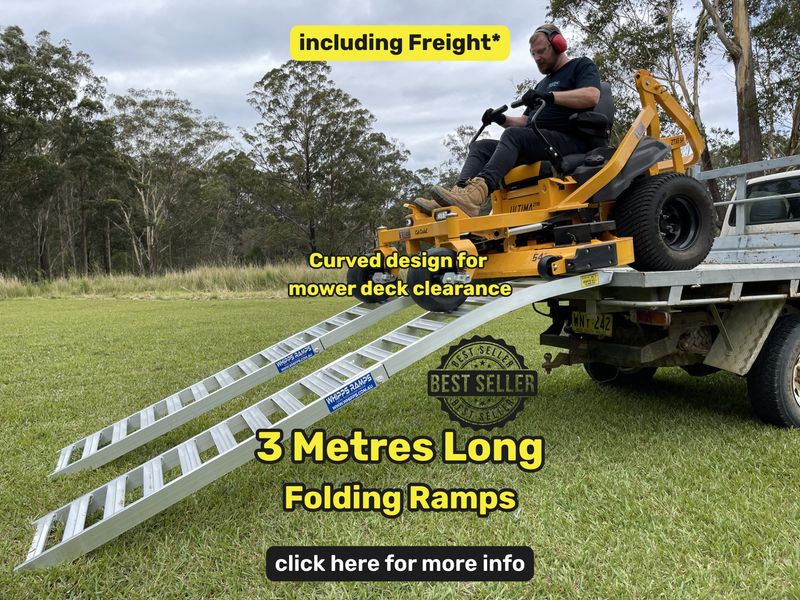 3 m - folding mower ramps - 800 kg capacity - from $1000 inc GST Whipps Ramps - Aluminium Curved Folding mower loading ramps 3 metres long