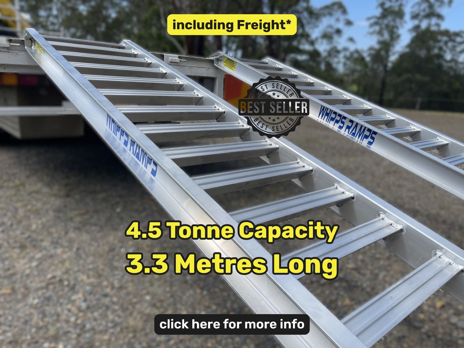 3.3 metres long - 4.5 tonne capacity - from $2350 Best Seller Whipps Ramps - 4.5 tonne capacity aluminium machinery excavator, tractor, skid steer loading ramps, 3.3 metres