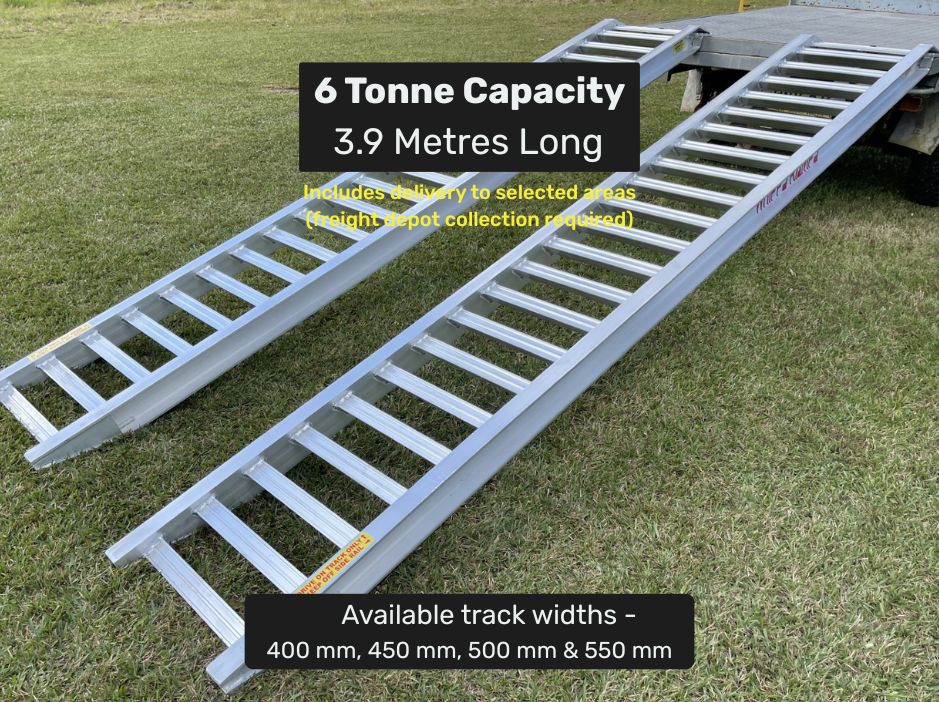 3.9 metres long - 6 tonne capacity - from $3500 Whipps Ramps 6 Tonne Capacity - 3.9 metres extra long Aluminium Excavator, tractor, backhoe Machinery Loading Ramps