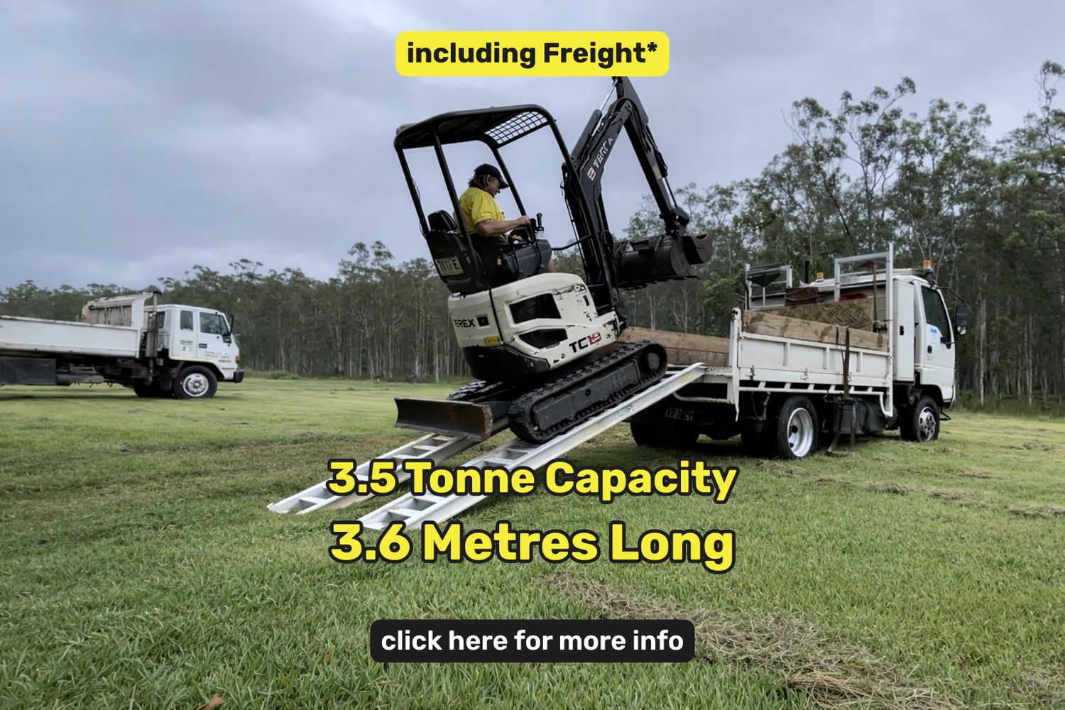 Whipps Ramps - 3.5 tonne capacity 3.6 metres long aluminium excavator, skid steer and tractor machinery loading ramps