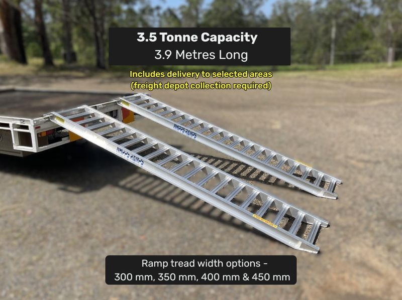 3.5 tonne capacity 3.9 metres long aluminium tractor, excavator, skid steer and machinery loading ramps