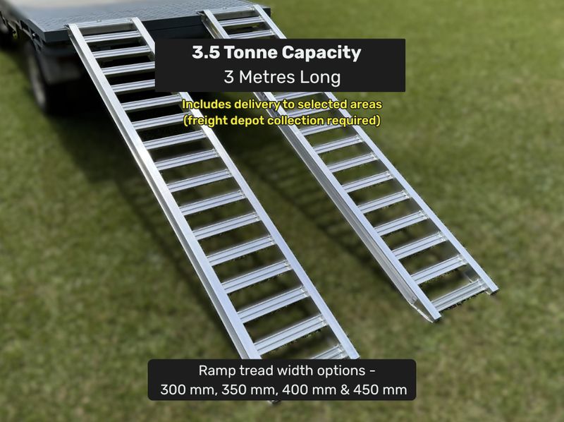 3.5 tonne capacity x 3 metres long aluminium machinery, tractor and excavator loading ramps