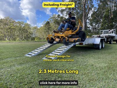 2.3 metres long - nf mower ramps - 1 tonne capacity - from $690 inc GST Whipps Ramps 2.3 metre curved aluminium zero turn mower trailer loading ramps