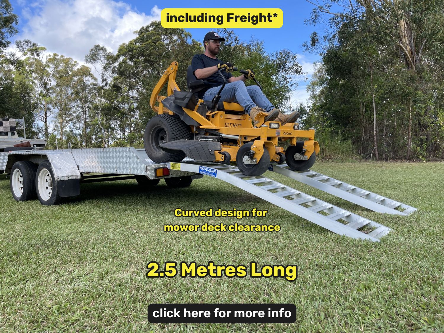 Whipps Ramps 2.5 metre curved aluminium zero turn mower loading ramps on trailer