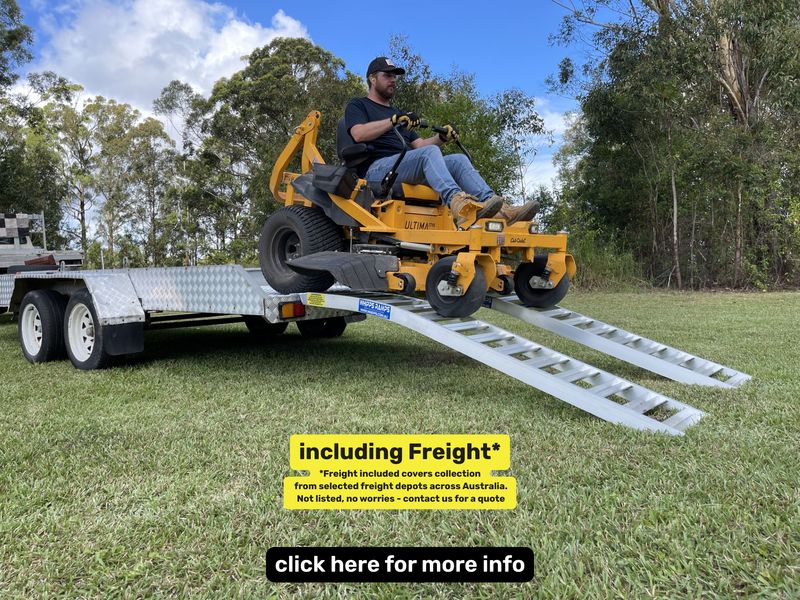 Whipps Ramps 2.5 metre curved aluminium zero turn mower loading ramps on trailer