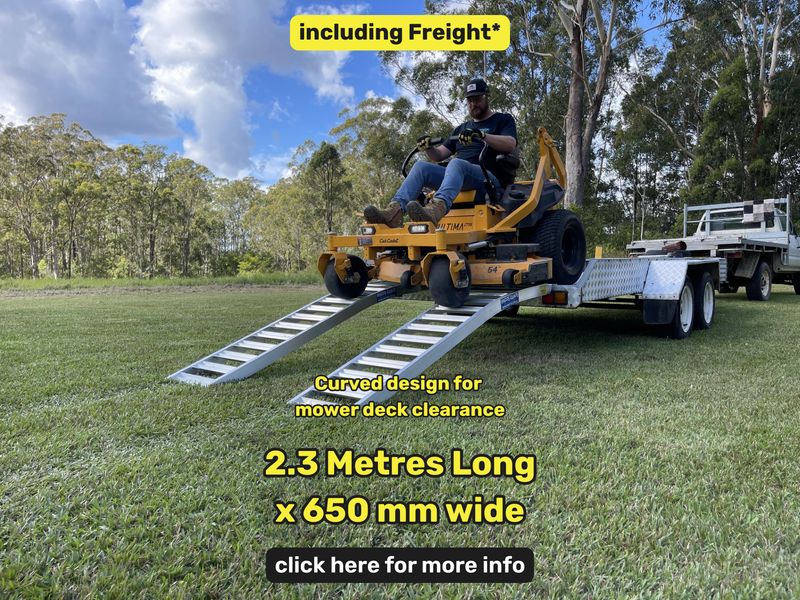 2.3 Metres x 650 mm wide - nf mower ramps - 1 tonne capacity Whipps Ramps 2.3 metre x 650 wide curved aluminium zero turn mower trailer loading ramps